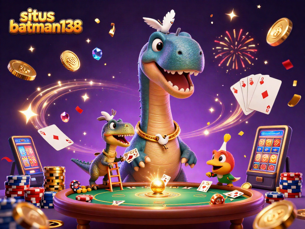 Situs batman138 menyajikan ilustrasi 3D dengan dinosaurus brontosaurus raksasa dan raptor cerdik dalam suasana kasino yang penuh kegembiraan.