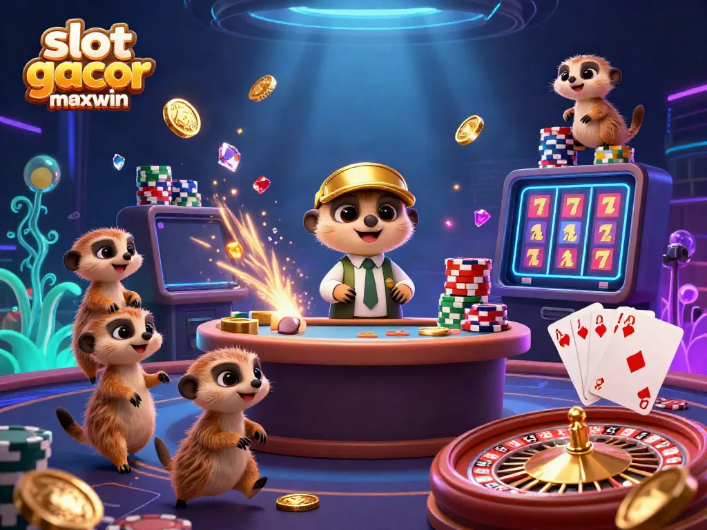 Menyaksikan permainan slot gacor maxwin dengan koloni meerkat dan kemewahan kasino yang cerah.