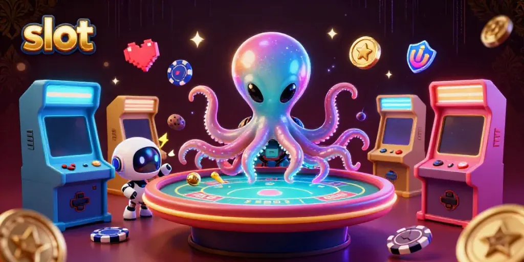 Slot alien dengan poker holografis dan robot kecil, dikelilingi mesin permainan penuh warna.