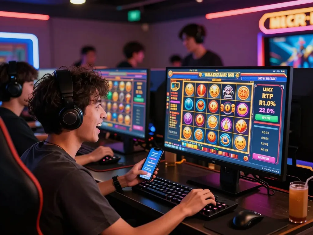 Pengalaman bermain game online yang menarik menyoroti slot gacor hari ini dengan pemain yang menikmati slot digital yang hidup.