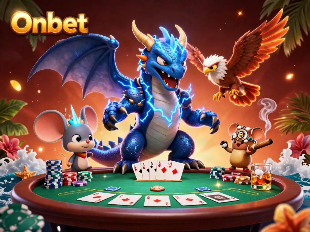 Engage in thrilling gaming action with Onbet's vibrant 3D illustration, featuring intense poker gameplay.