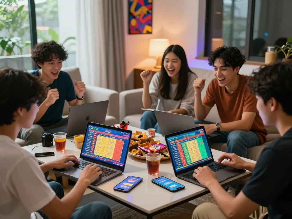 Situs bandar togel singapore hongkong players enjoying a lively game night with snacks, devices, and excitement.