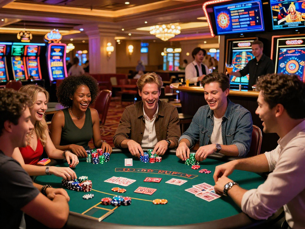 Friends celebrating at a gaming table in usa online casinos with colorful chips and neon lights.