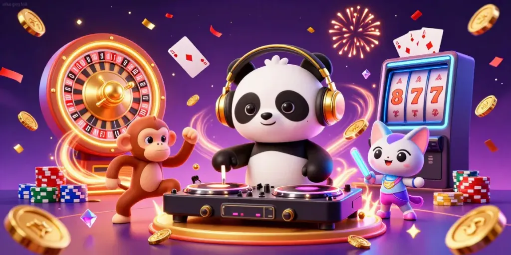Permainan seru di situs gwp168 dengan DJ panda dan koin emas berhamburan.