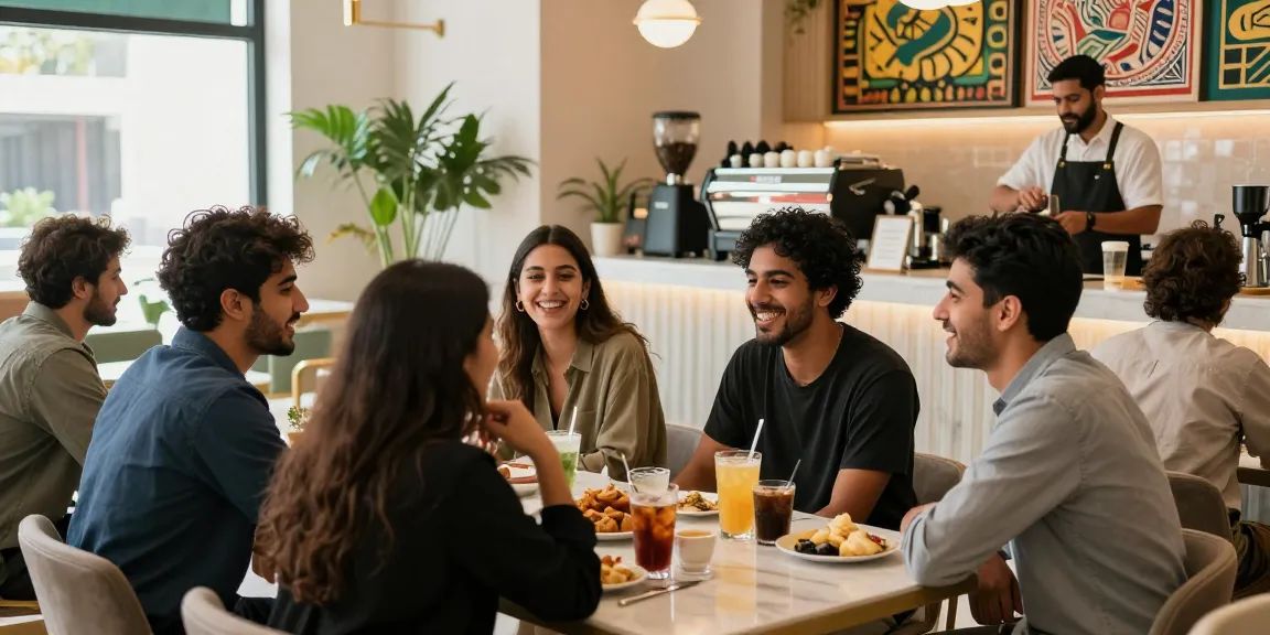 Shat Riyadh social gathering at a modern café, showcasing young adults engaged in lively conversation.