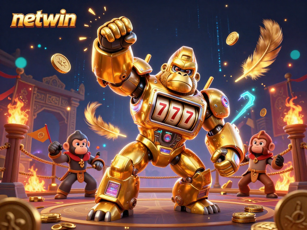 Experience thrilling wins at netwin with a golden gorilla mech and vibrant casino action.