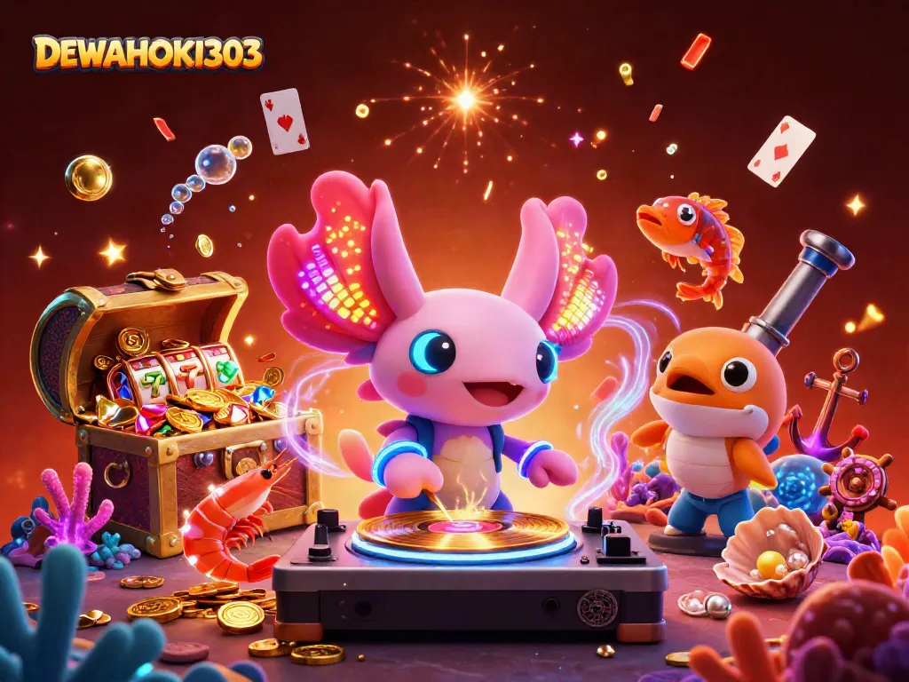 Memenangkan jackpot dengan DEWAHOKI303 dalam ilustrasi kasino yang penuh warna dan semangat