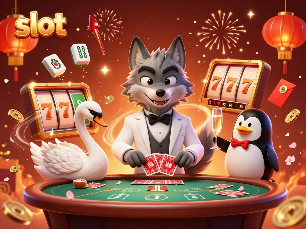 Experience the excitement of slot machines with a lively 3D scene showcasing engaging characters and game elements.
