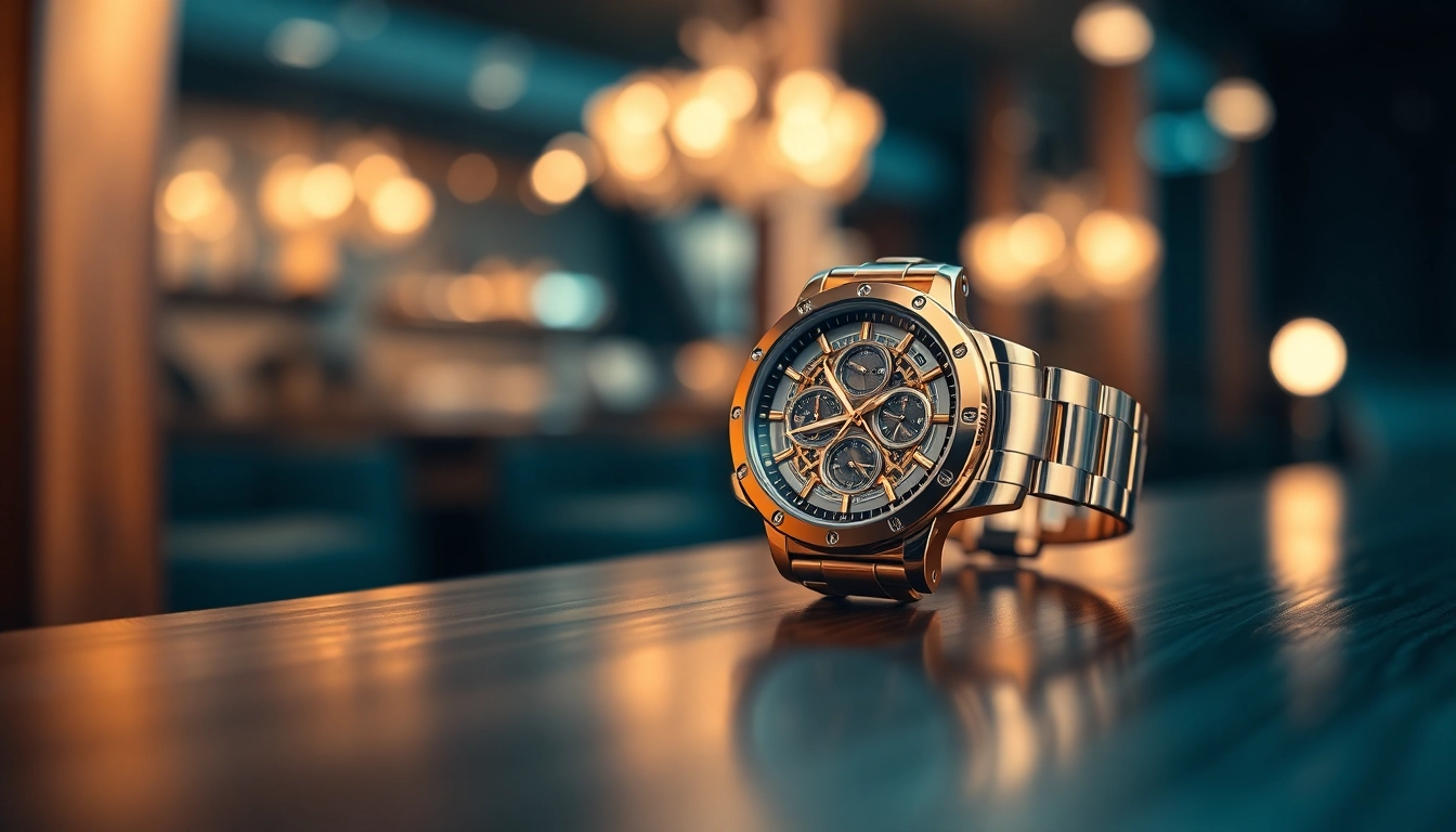 Luxury replica watch showcasing intricate design and elegance on a dark wood surface.