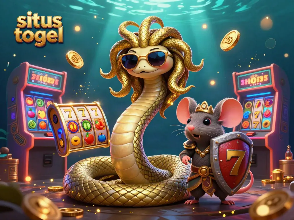 Experience the thrill of situs togel with a vibrant Medusa and mouse in a colorful casino setting.