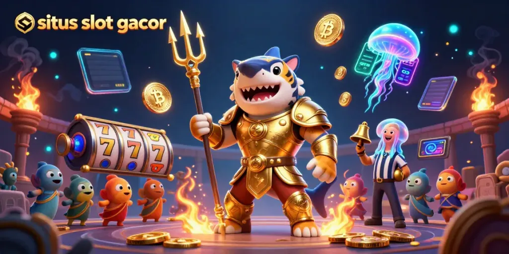 Menyaksikan situs slot gacor yang seru dengan karakter macan hiu gladiator dalam arena bawah laut