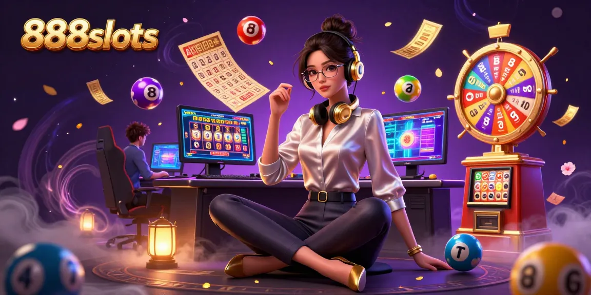 Experience thrilling wins at 888slots with an elegant Asian gamer surrounded by dynamic casino elements.