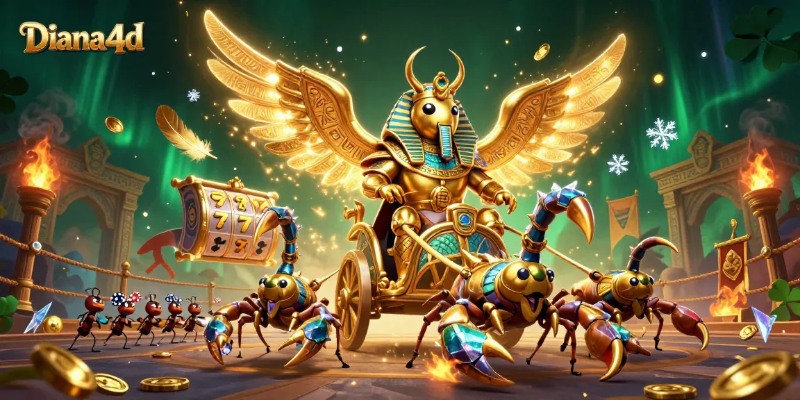 Experience thrilling gameplay at Diana4d with a captivating 3D illustration of a golden scarab and scorpions!