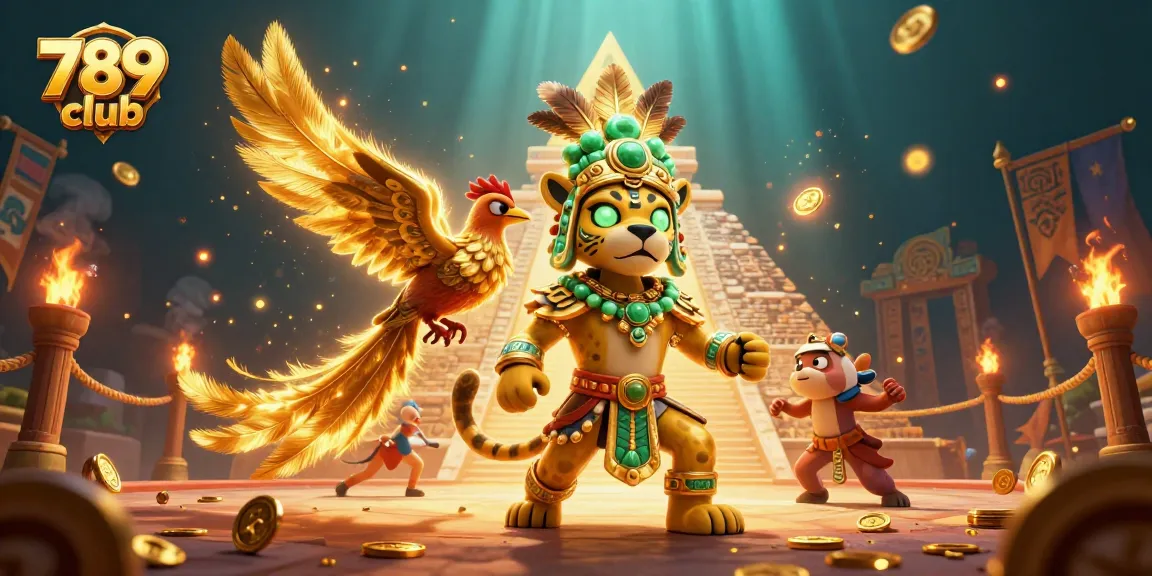 Engage with the thrilling 789 club experience, featuring a Mayan priest and quetzal bird in a vibrant casino setting.
