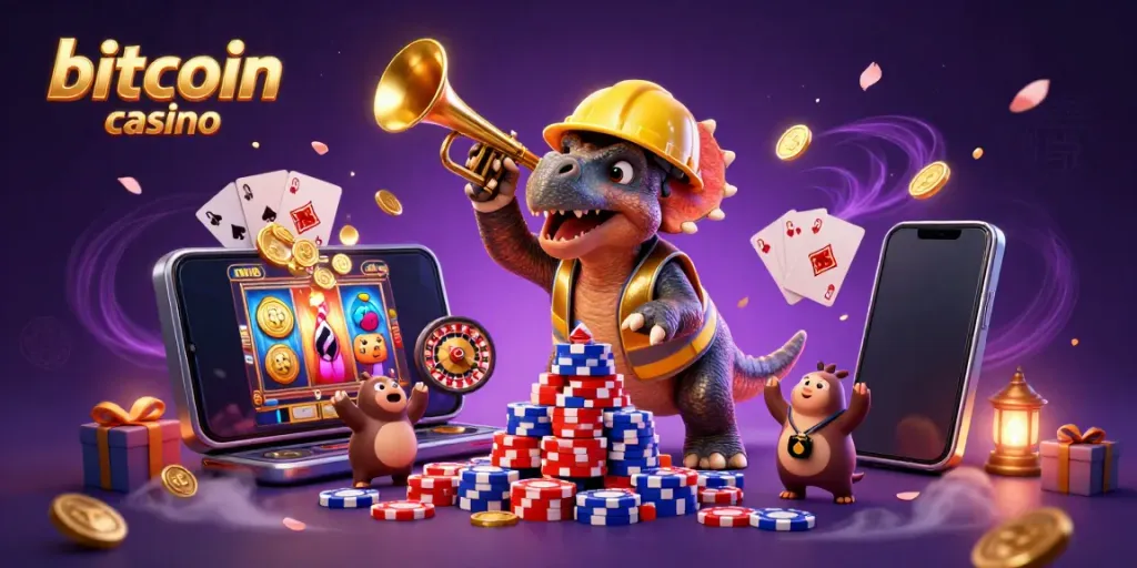 Experience the excitement of a bitcoin casino with animated characters celebrating a poker chip pyramid.