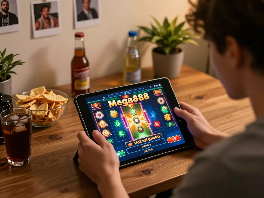 Experience free credit mega888 online gaming with a cozy home setup, featuring a user engaged in dynamic slot gameplay.