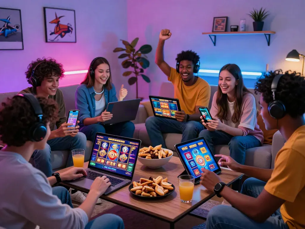 Friends enjoying akunjp gaming experience in a lively living room
