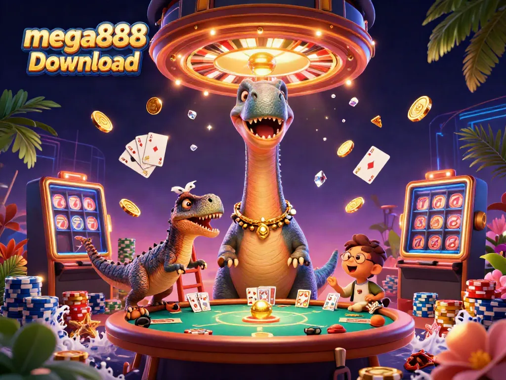 Enjoy an exciting mega888 download experience with vibrant casino characters amidst a dramatic backdrop.