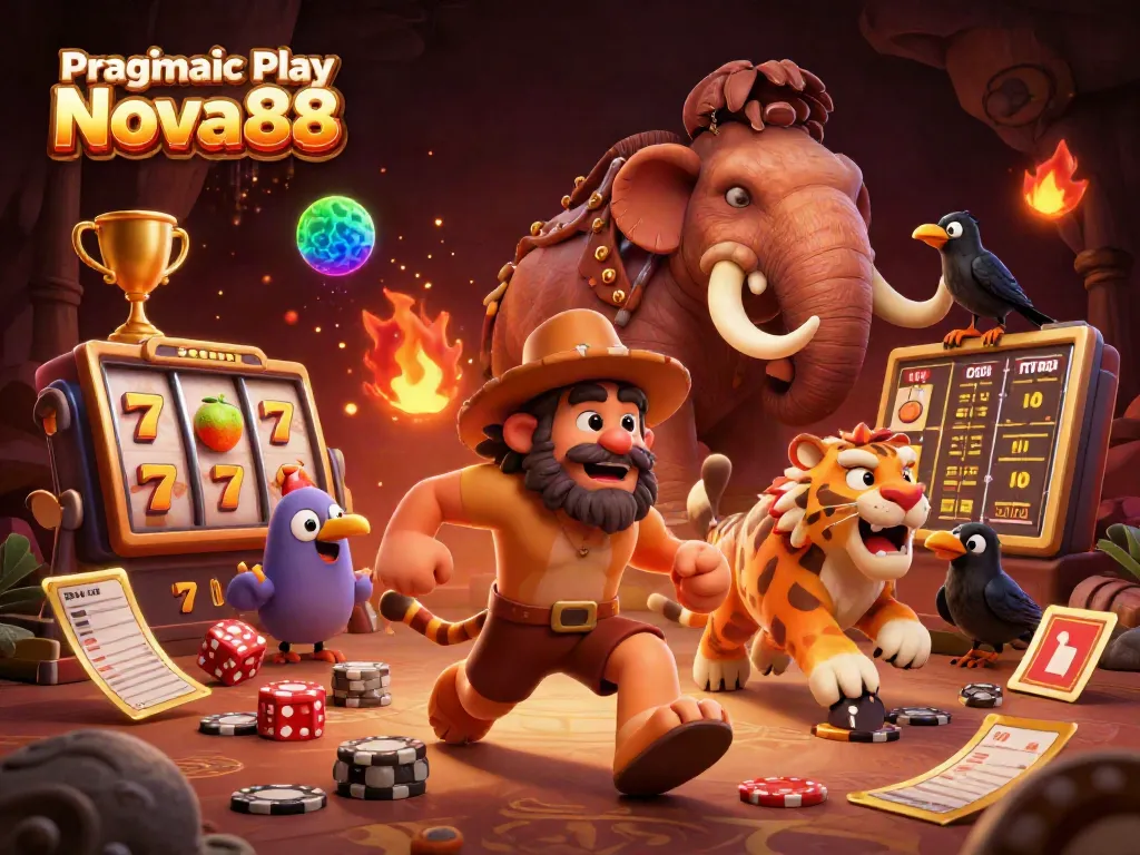 Experience the vibrant excitement of Pragmatic Play Nova88 with a colorful illustration of prehistoric casino adventures.