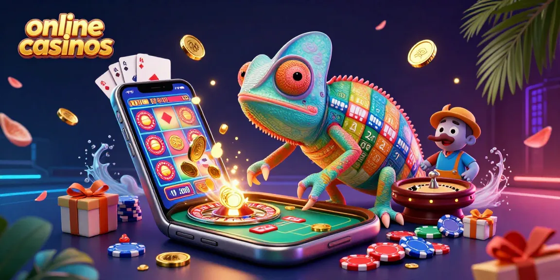 Engage with the best online casinos amidst a vibrant 3D casino scene featuring a colorful chameleon.