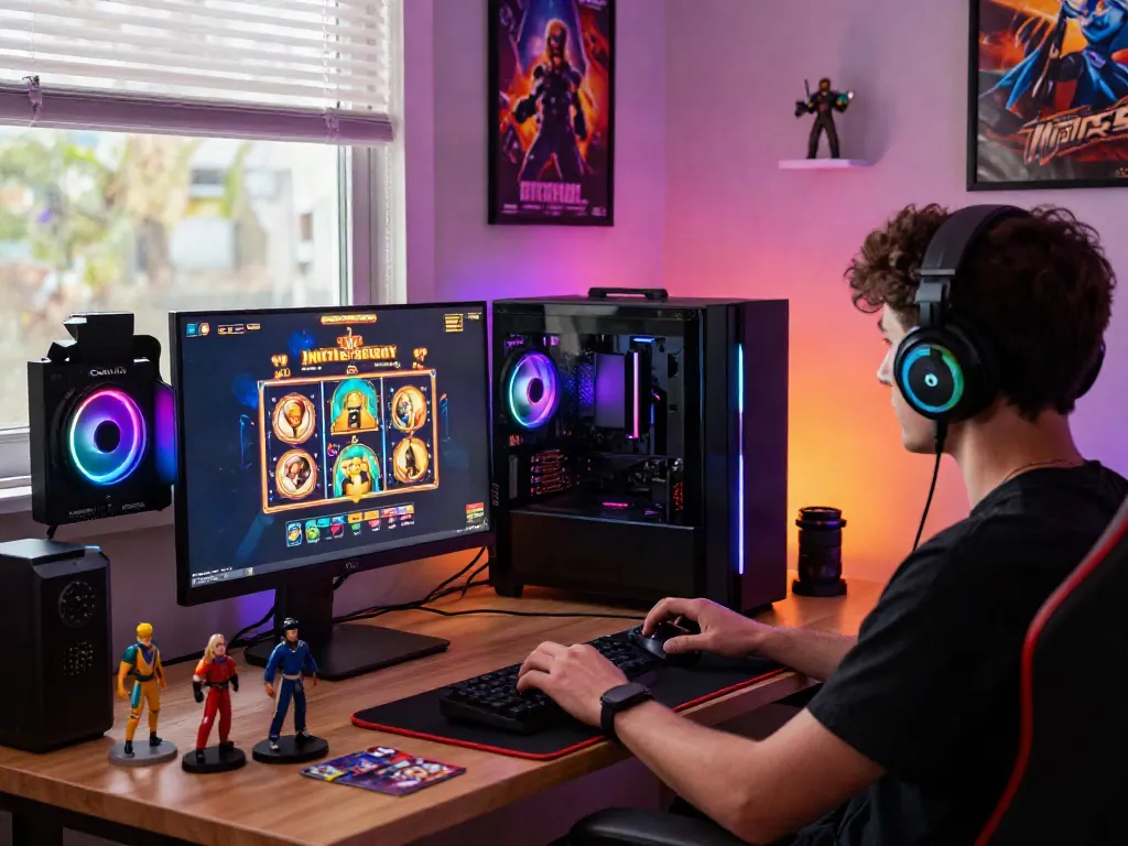 A gamer engaged in an akunjp slot game inside a vibrant room with neon lights and gaming collectibles.