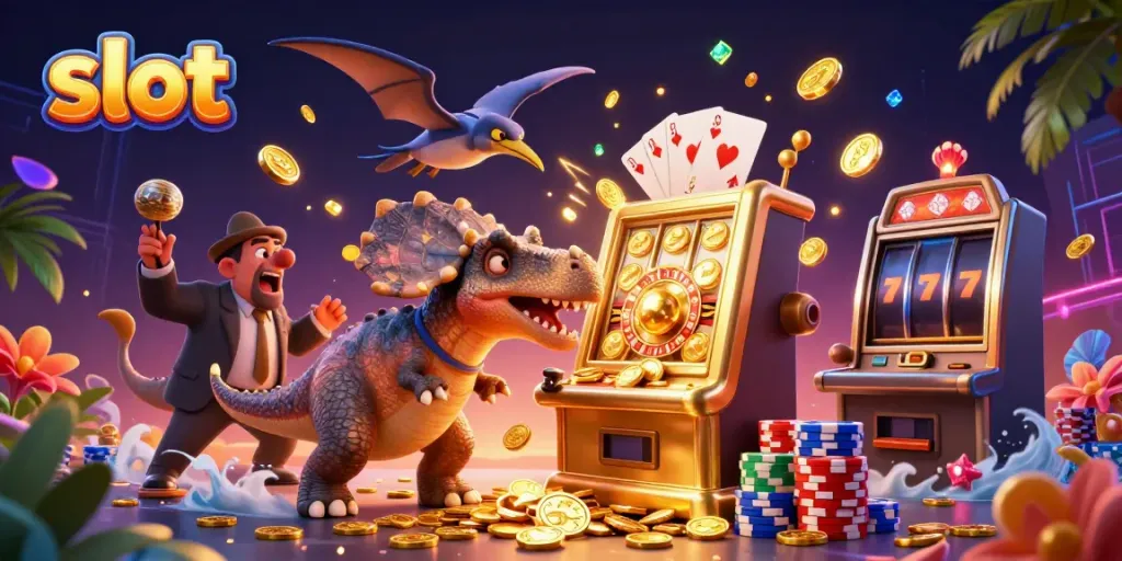 Experience excitement as a pachycephalosaurus headbutts a slot machine for jackpot coins