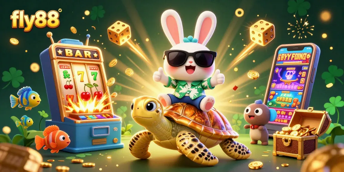 Play at fly88 with this colorful casino scene featuring a lucky rabbit and golden turtle.