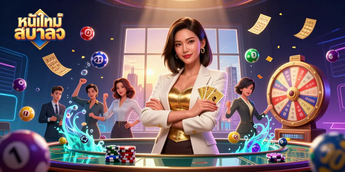 Engage with หนังใหม่ชนโรง as a powerful businesswoman showcases golden cards against a vibrant casino backdrop.