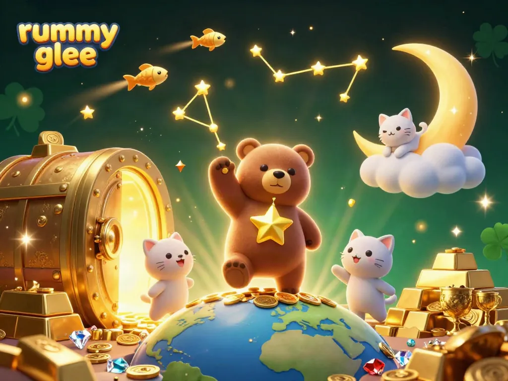 Rummy Glee menghadirkan permainan kartu di atmosfer ajaib dengan bintang dan peti harta karun.