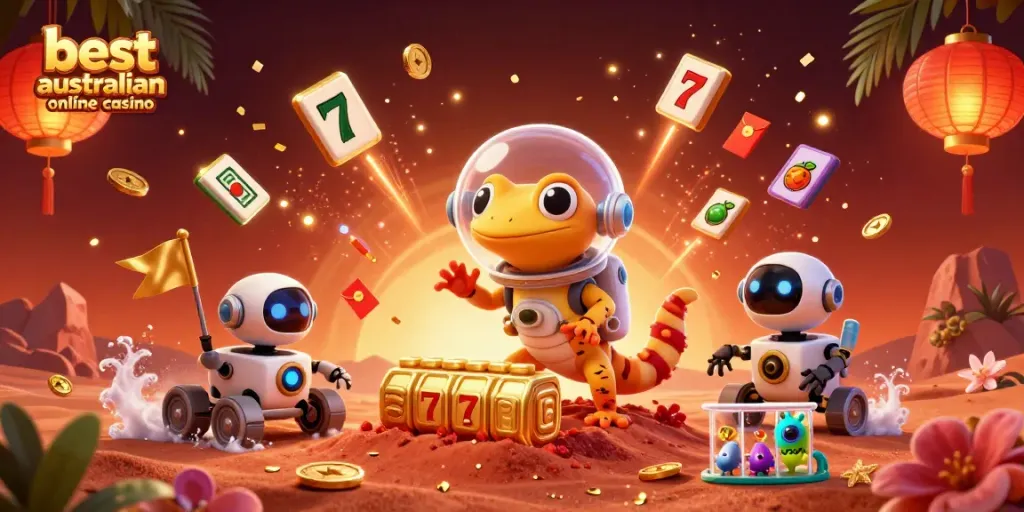 Experience the excitement of the best australian online casino with a vibrant illustration of a Martian gecko and thrilling game elements.