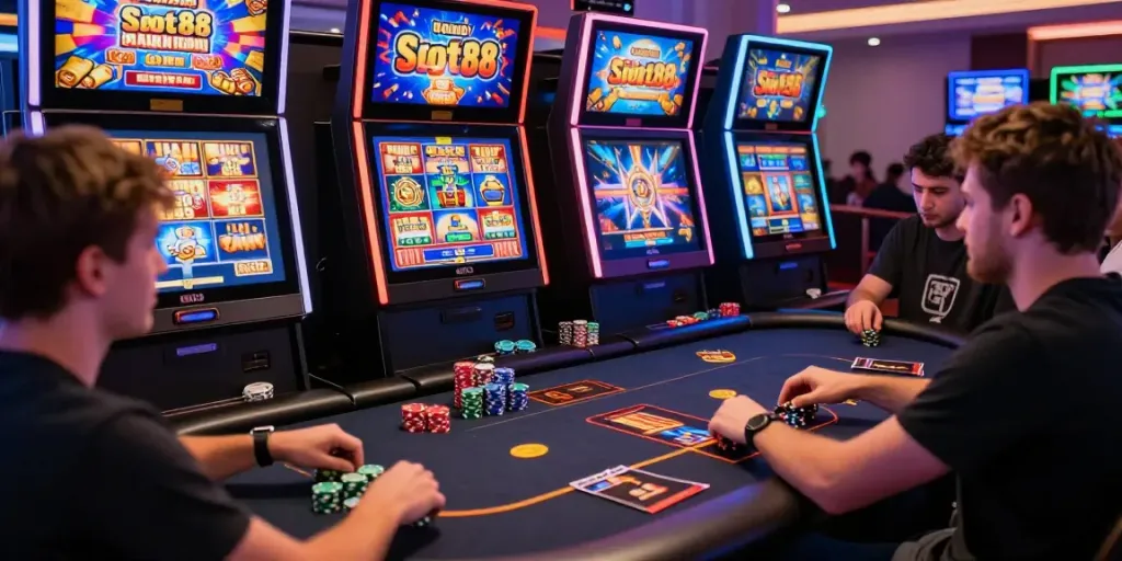 Players enjoying Slot88 games in a modern gaming lounge, showcasing vibrant graphics and engagement.