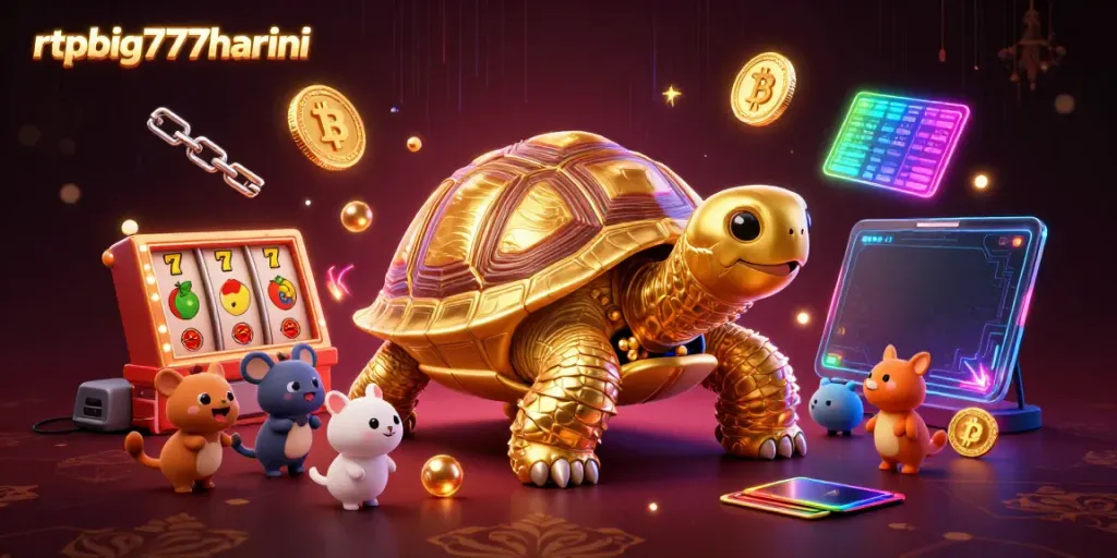 Engage with the thrilling rtpbig777hariini slot experience featuring a colossal golden tortoise and vibrant gaming elements.