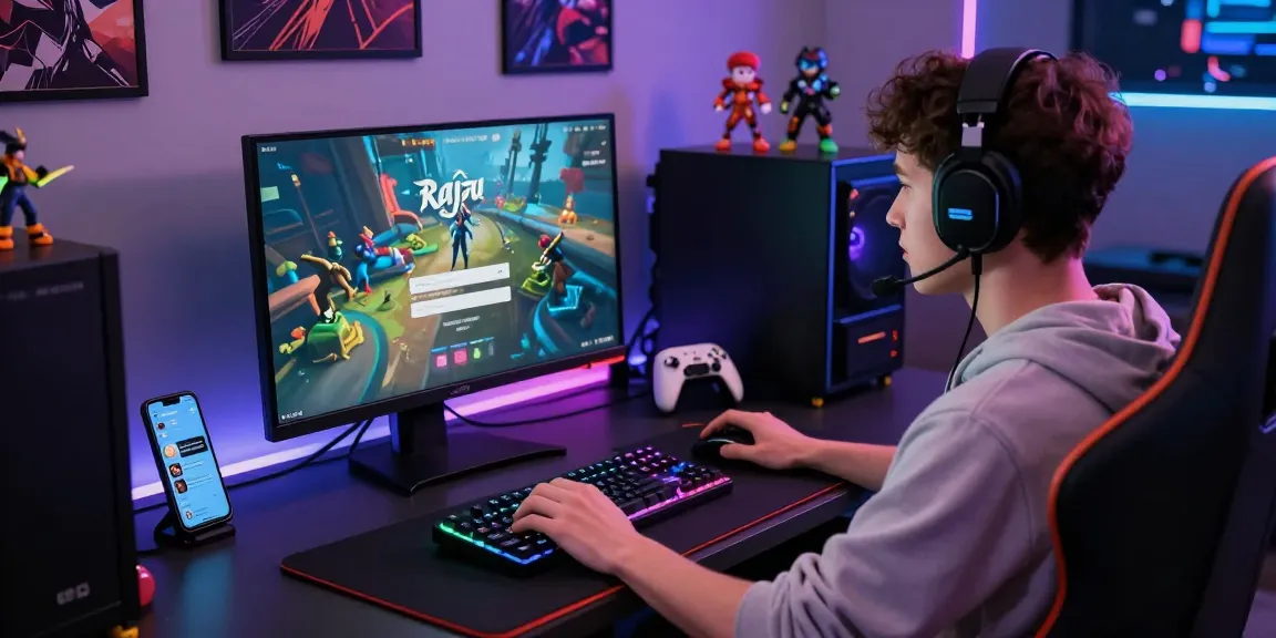 Engaging Raja Game login scene with a gamer immersed in vibrant graphics, showcasing an energetic gaming environment.
