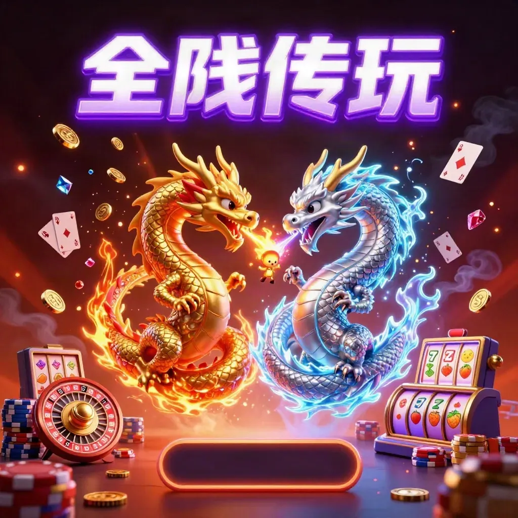 Twin dragons spiral through coins, chips, reels, and glowing casino treasure in neon purple and gold.