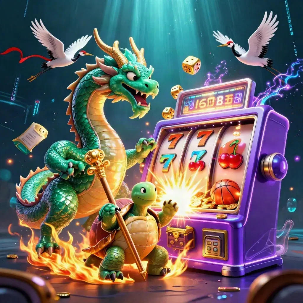 Dragon, turtle sage and cranes amid slot symbols, coins and sports gear in neon casino chaos.