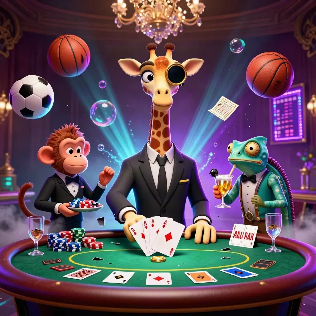 Giraffe, monkey, and chameleon at poker table with flying sports balls and casino chips.