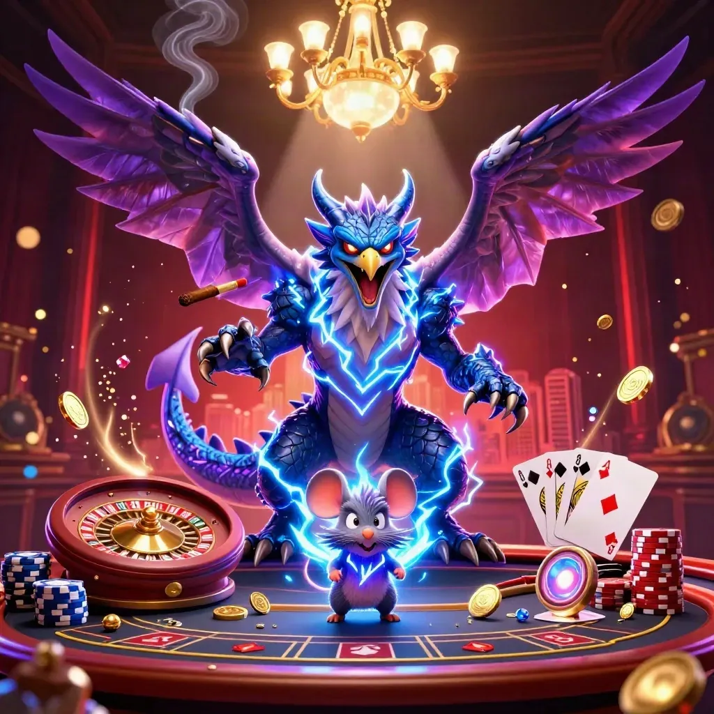 Thunder dragon, wind hawk, and static mouse in a glowing casino storm of coins and jewels.
