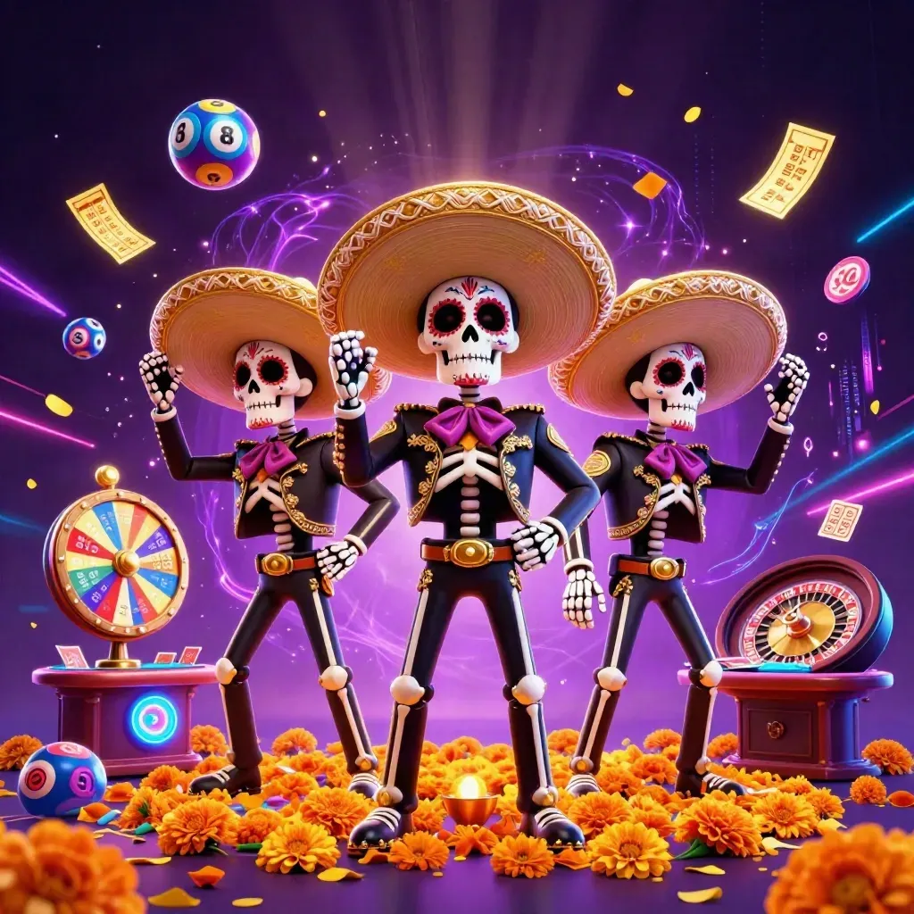 Day-of-the-Dead skeleton mariachi trio amid neon casino effects, roulette, lottery balls, and gold confetti.