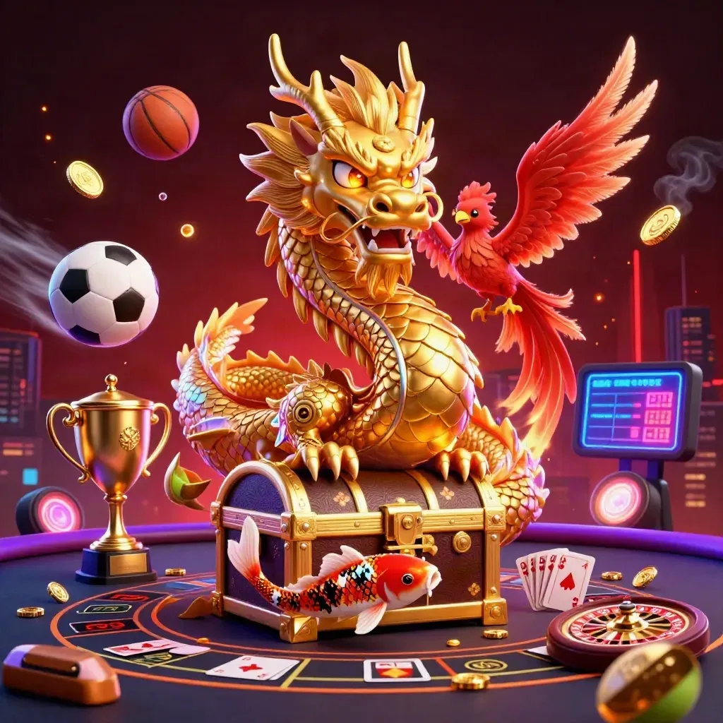 Golden dragon, phoenix, koi and casino props in a neon jackpot fantasy scene