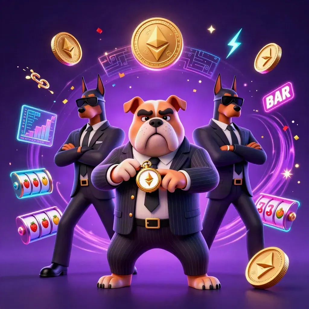 Cartoon mafia bulldog and two Dobermans amid neon crypto coins, slot symbols, fireworks, and vault energy.