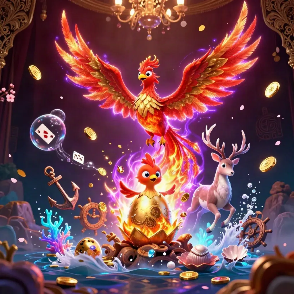 Phoenix, hatching chick, and crystal-antler stag amid treasure cove coins and glowing coral