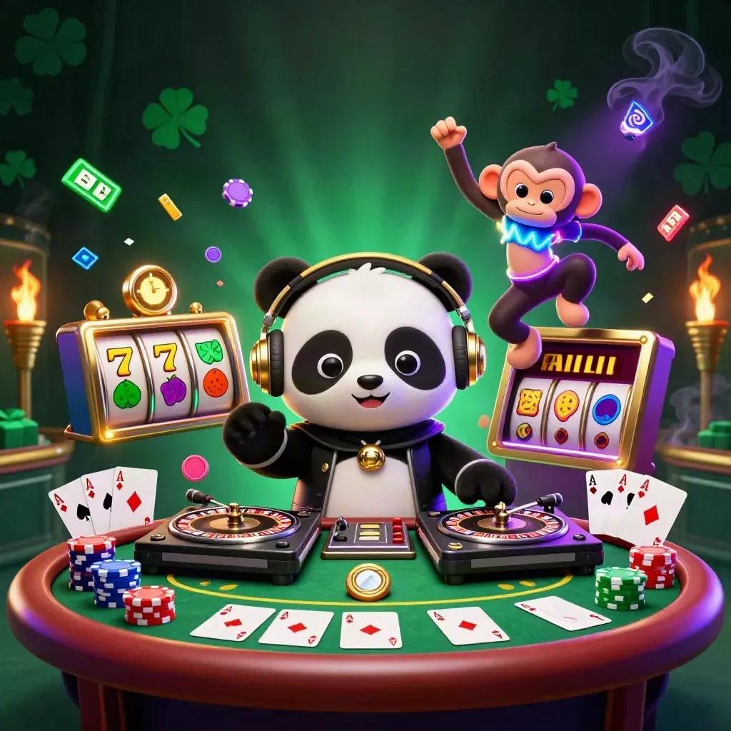 DJ panda, monkey, and glow-stick kitten in a neon casino splash scene with chips, cards, and reels