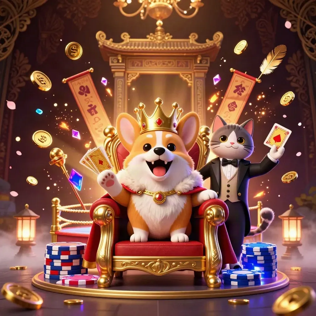 Royal corgi king and cat butler amid gold, runes, petals, and a temple gate on a luxe dark casino backdrop.