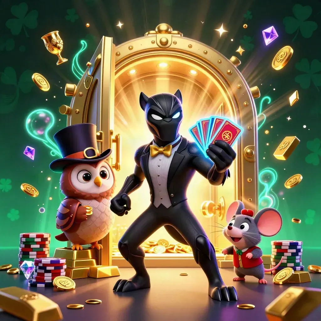 Panther, owl, and mouse raid a glowing vault as gems, gold, and purple light burst out