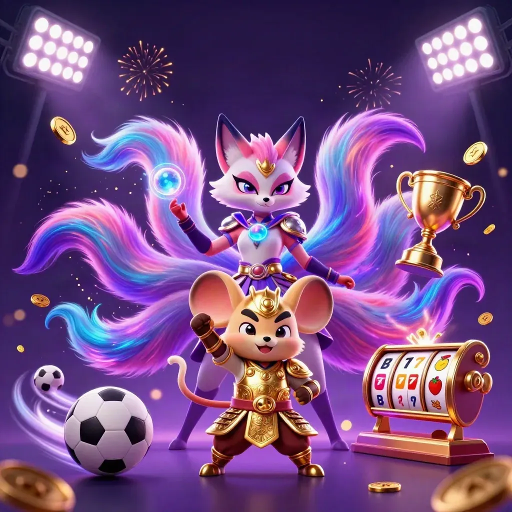 Neon fox spirit and armored mouse amid coins, sports balls, trophy, reels, fireworks.