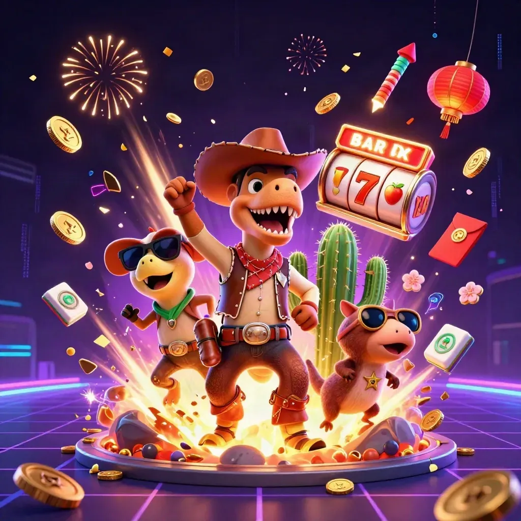 Cowboy T-Rex, cactus and roadrunner burst from a neon coin vault with casino fireworks.