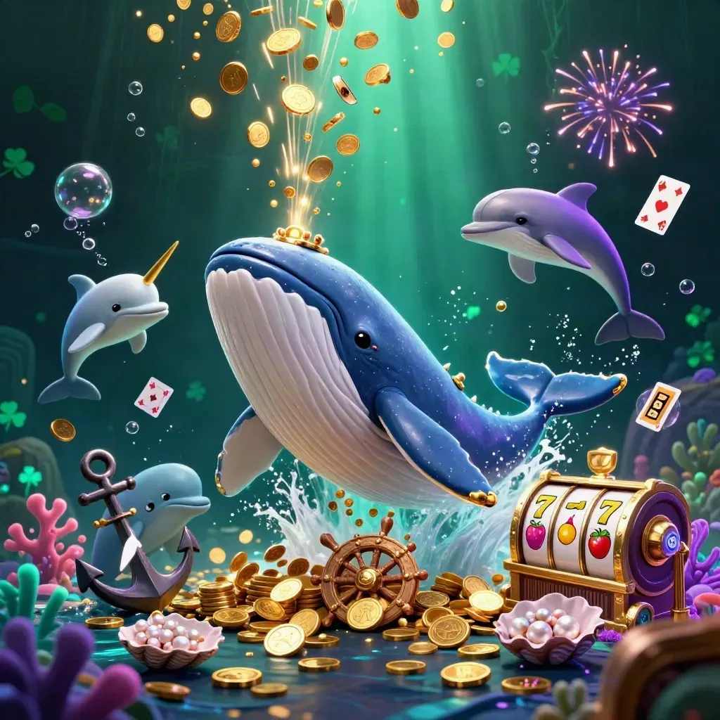Cartoon whale captain and sea creatures burst from coins in neon casino treasure cove.