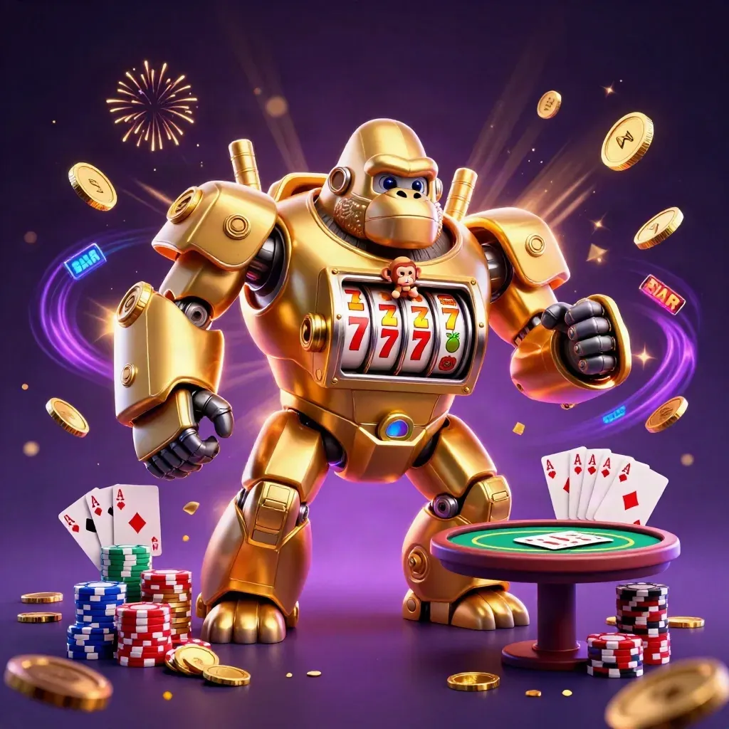 Golden gorilla mech vault burst with monkey pilot, poker props, neon casino fireworks.