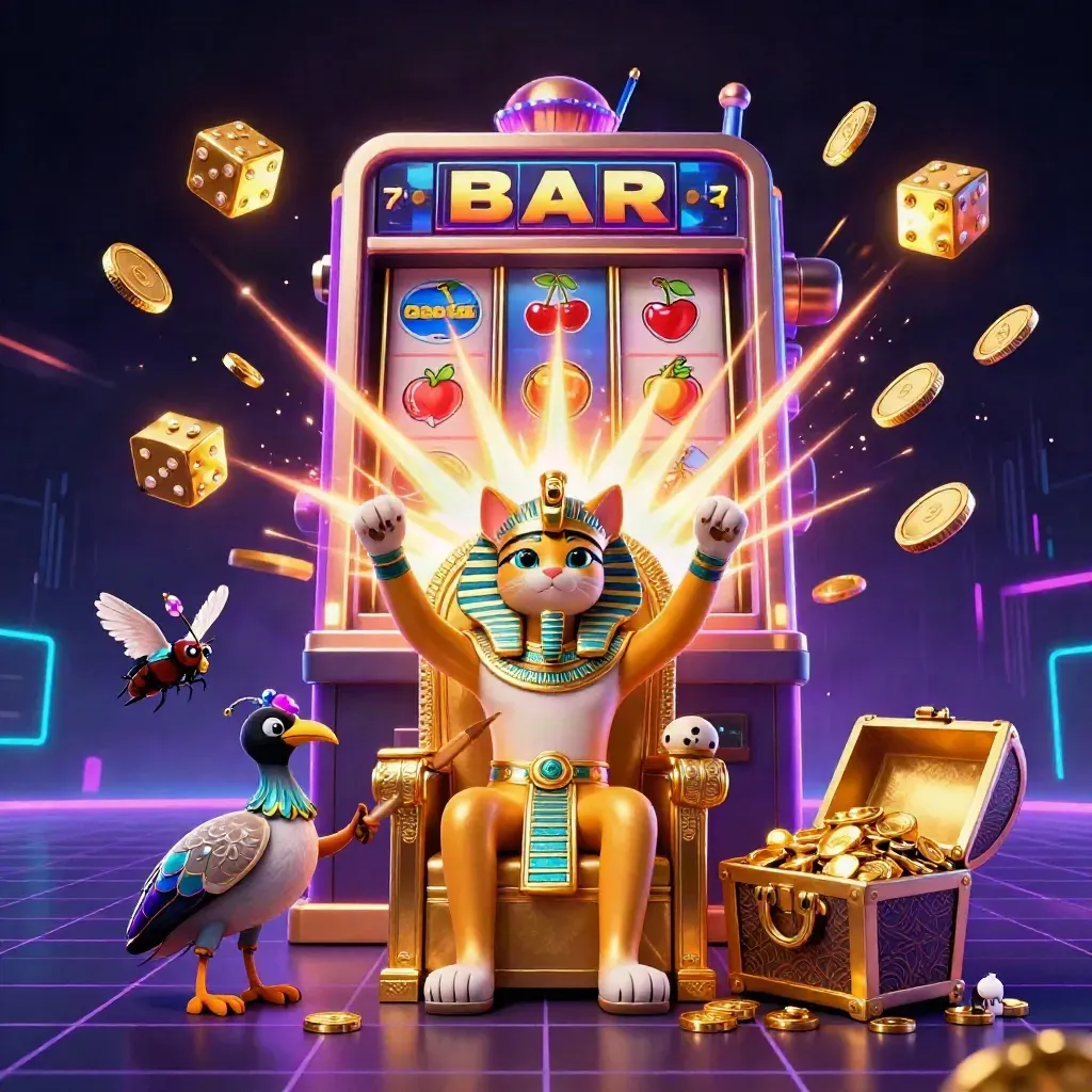 Pharaoh cat, ibis scribe, and gem-winged scarabs amid exploding slot reels and gold