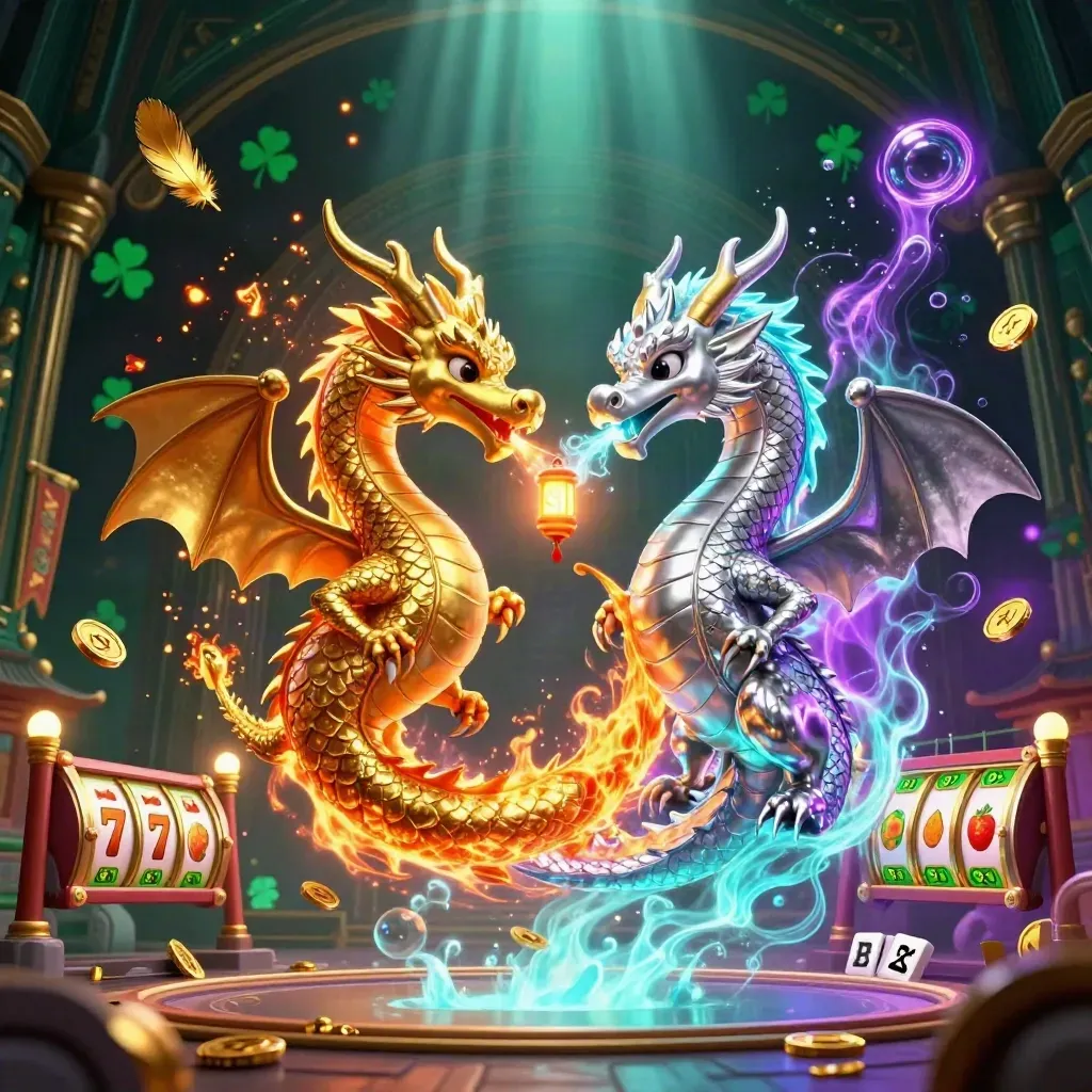 Twin gold and silver dragons swirl around a lantern spirit in a neon casino vault scene.